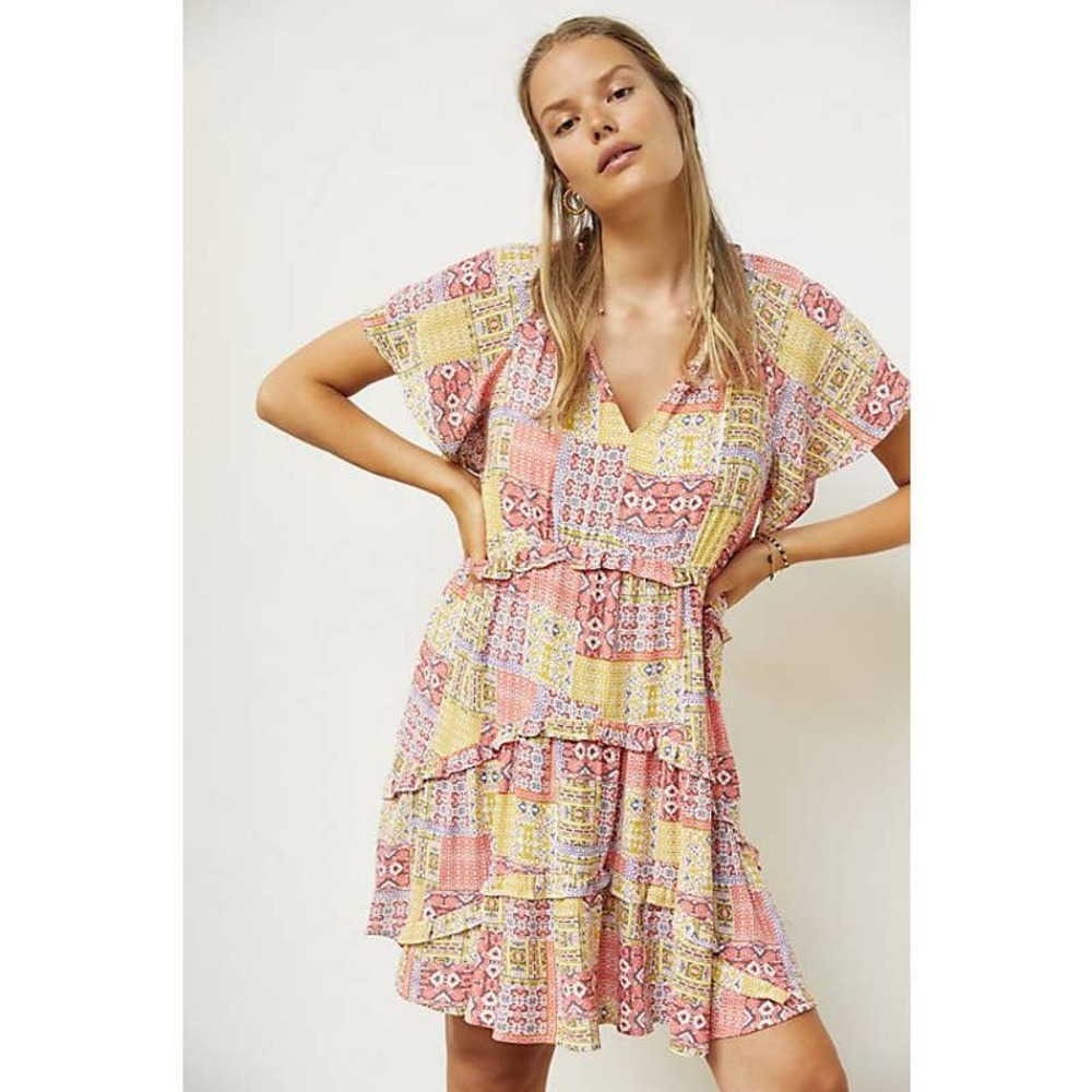 MAEVE anthropologie robin tiered pink combo v-neck mini dress M